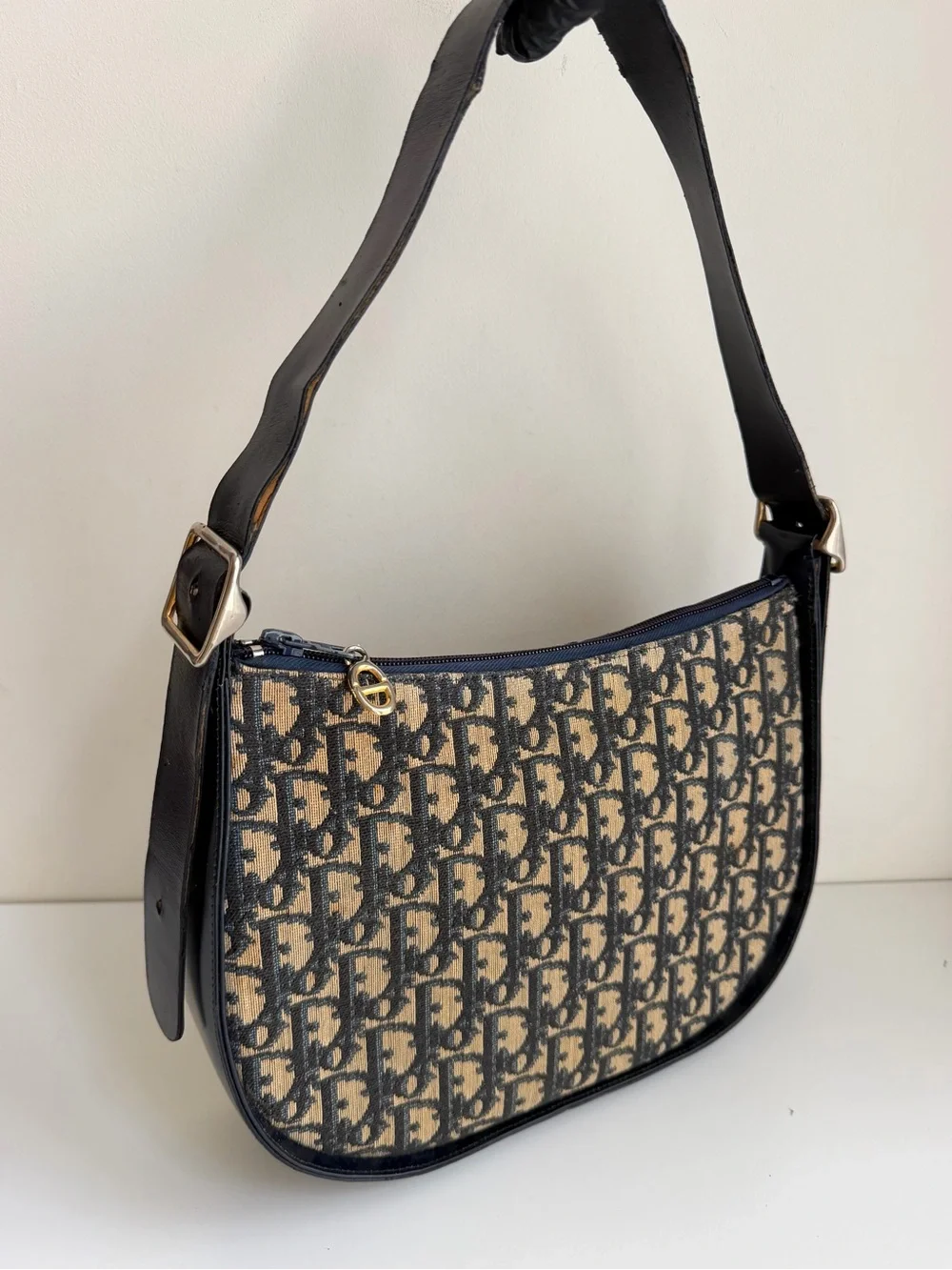 Authentic Christian DIOR Trotter Canvas Oblique Navy Leather Hobo Bag